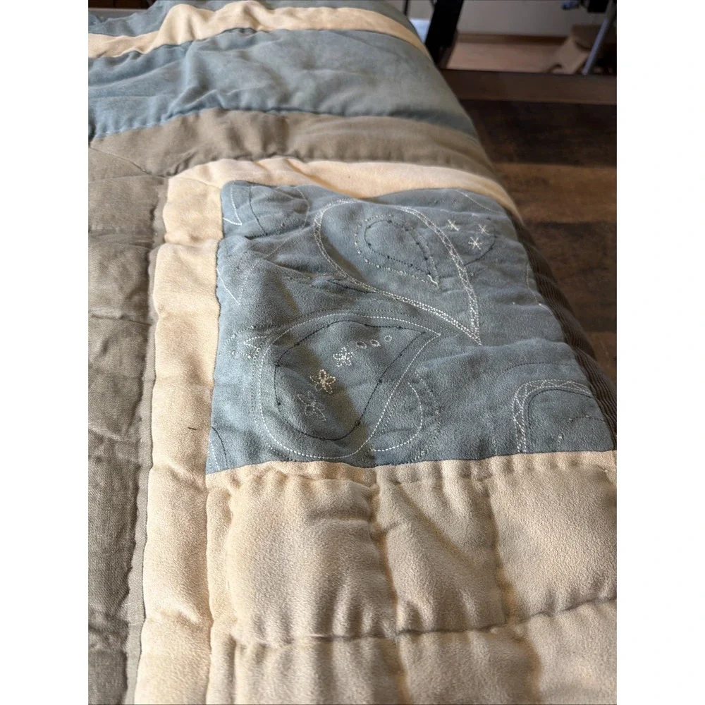 Home Collection Embroidered Quilt Only Patchwork Plaid Brown Tan Blue Full Queen